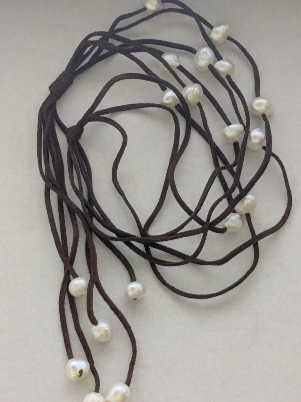 Multi Strand Suede Leather Corded Freshwater Pearl Dangle Necklace